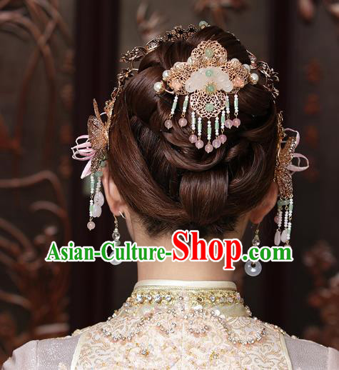 Traditional China Ancient Bride Flowers Hairpins Wedding Hair Ornament Handmade Hair Crown Full Set