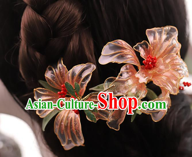 Chinese Ancient Bride Pink Lily Flowers Hair Stick Traditional Hanfu Hairpin Wedding Hair Accessories