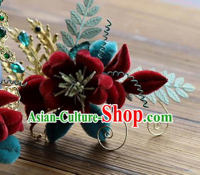 Chinese Traditional Hanfu Red Velvet Flower Hairpin Wedding Hair Accessories Ancient Bride Hair Stick