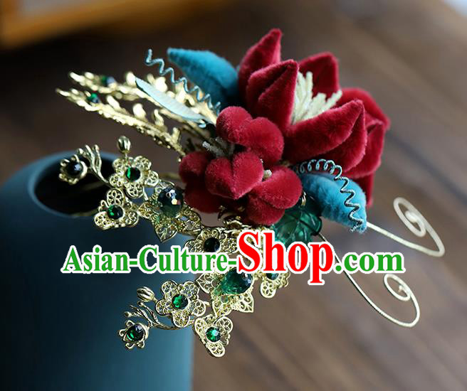 Chinese Traditional Hanfu Red Velvet Flower Hairpin Wedding Hair Accessories Ancient Bride Hair Stick