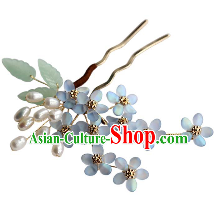 Chinese Traditional Hanfu Blue Flowers Hairpin Wedding Hair Accessories Ancient Bride Hair Stick