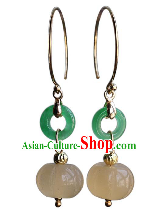 Handmade Chinese Ancient Bride Jade Pumpkin Earrings Jewelry Traditional Wedding Ear Accessories