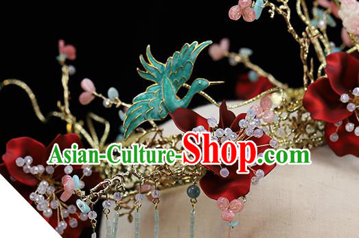 Traditional China Ancient Bride Red Flowers Hair Crown Hairpins Handmade Phoenix Coronet Wedding Hair Ornament Full Set