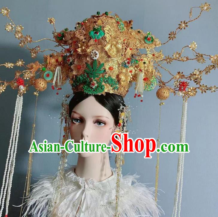 Top Grade Handmade Court Queen Deluxe Hair Crown Wedding Hair Ornament Stage Show Golden Lantern Phoenix Coronet