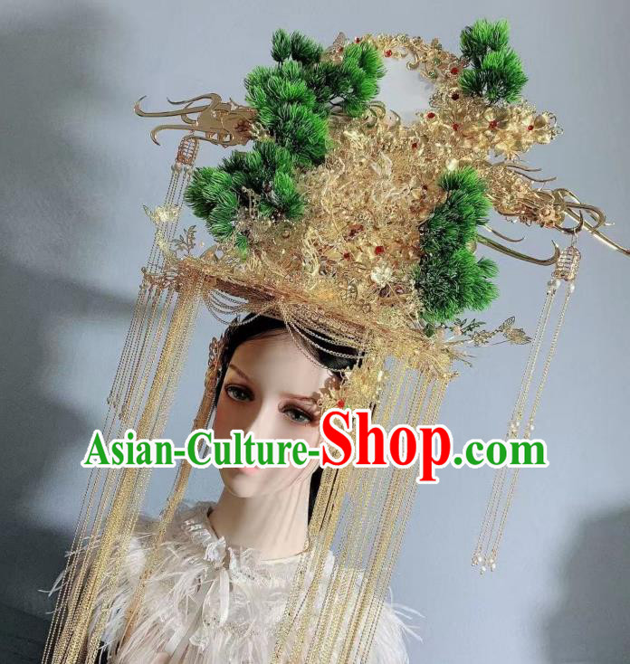 Top Grade Stage Show Bride Golden Tassel Phoenix Coronet China Wedding Hair Ornament Handmade Court Queen Deluxe Pine Hair Crown