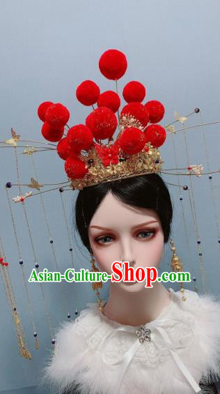 Handmade Chinese Traditional Phoenix Coronet Hair Accessories Ancient Bride Headwear Wedding Red Bubble Hair Crown