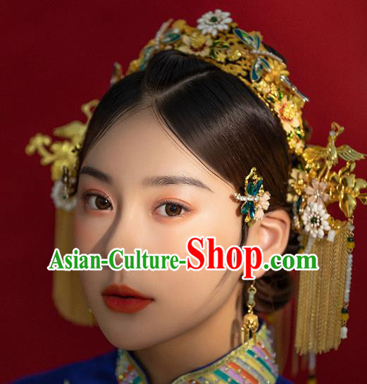 Traditional China Ancient Bride Golden Hair Crown Hairpins Handmade Phoenix Coronet Wedding Hair Ornament Full Set