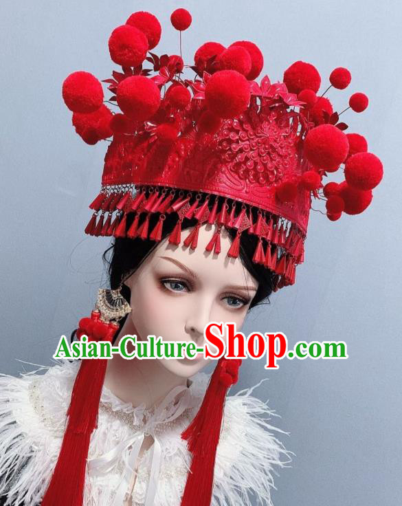 Handmade Chinese Bride Tassel Phoenix Coronet Traditional Wedding Hair Accessories Ethnic Red Hat