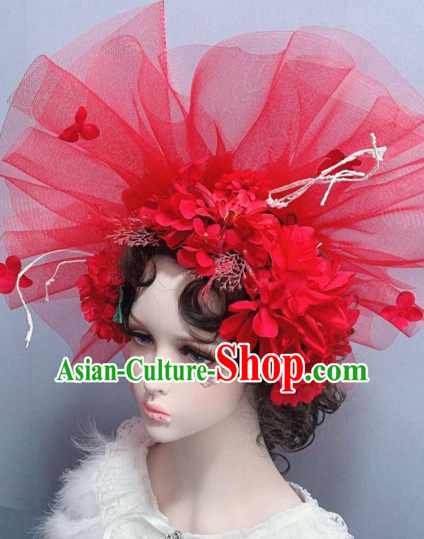 Top Court Handmade Red Veil Royal Crown Stage Show Hair Ornament Baroque Bride Headdress
