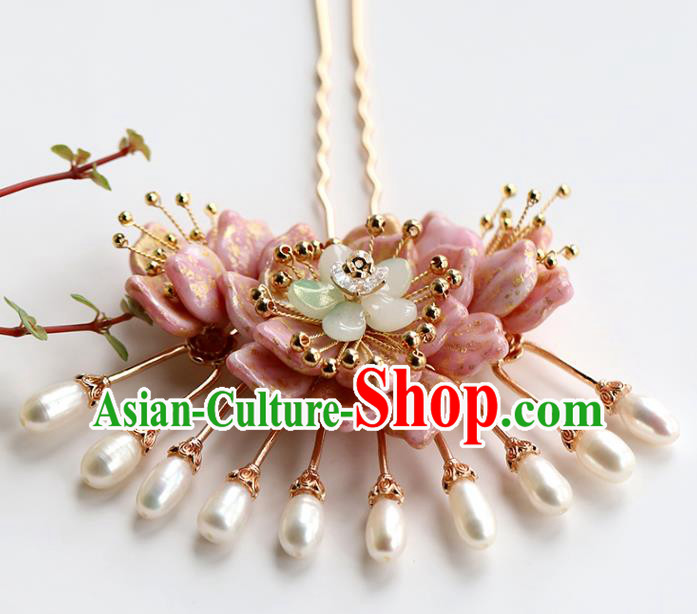 Chinese Traditional Hanfu Pink Flower Hairpin Wedding Hair Accessories Ancient Bride Pearls Hair Stick