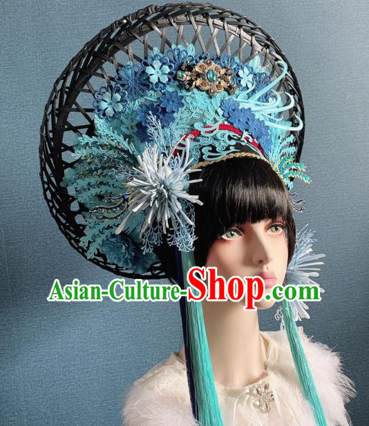 Handmade Chinese Stage Performance Hat Bride Blue Flowers Phoenix Coronet Traditional Wedding Hair Accessories
