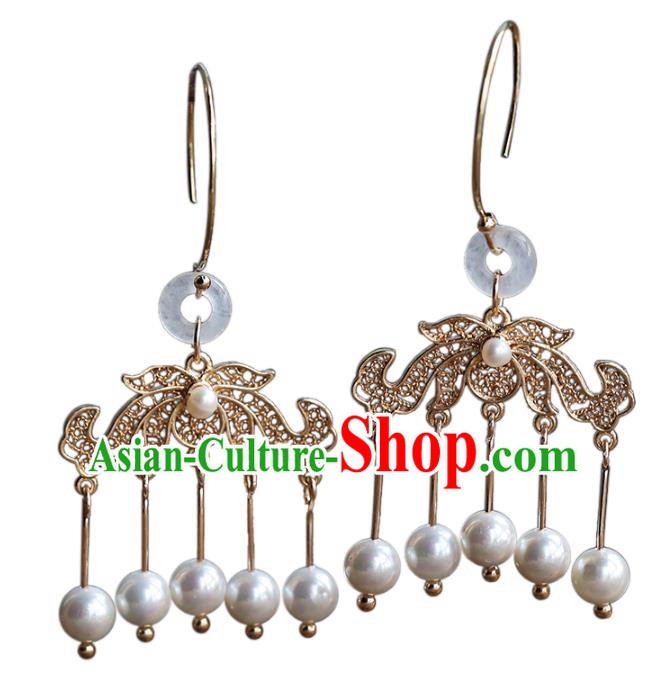 Handmade Chinese Ancient Bride Tassel Golden Earrings Jewelry Traditional Wedding White Jade Ear Accessories