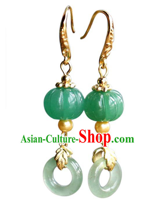 Handmade Chinese Traditional Wedding Jade Pumpkin Ear Accessories Ancient Qing Dynasty Earrings Jewelry