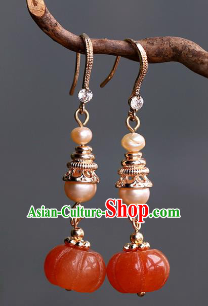Handmade Chinese Ancient Qing Dynasty Pearls Earrings Jewelry Traditional Wedding Agate Pumpkin Ear Accessories