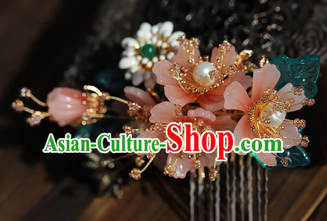 Chinese Traditional Hanfu Pink Flowers Hair Comb Wedding Hair Accessories Ancient Bride Hairpin