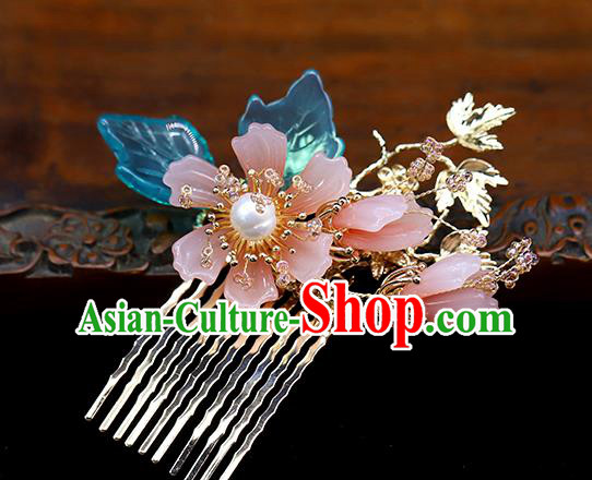 Chinese Wedding Hair Accessories Ancient Bride Hairpin Traditional Hanfu Pink Flowers Hair Comb
