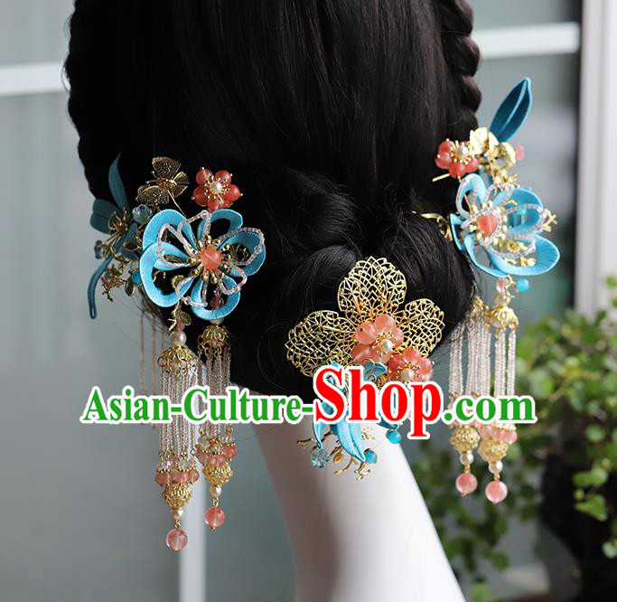 Traditional China Ancient Bride Blue Silk Flower Hair Comb Tassel Hairpins Handmade Wedding Hair Ornament Full Set