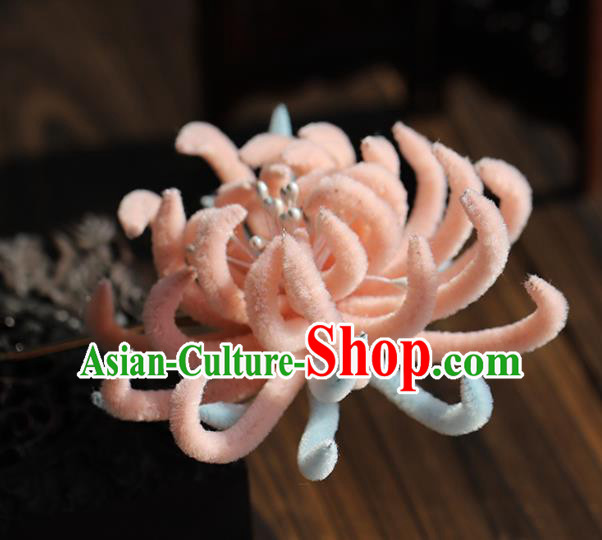 Chinese Wedding Hair Accessories Ancient Bride Pink Velvet Chrysanthemum Hairpin Traditional Hanfu Hair Stick