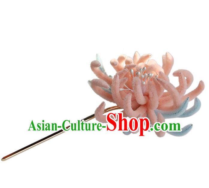 Chinese Wedding Hair Accessories Ancient Bride Pink Velvet Chrysanthemum Hairpin Traditional Hanfu Hair Stick