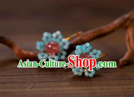 Handmade Chinese Ancient Bride Blue Beads Earrings Jewelry Traditional Wedding Amethyst Ear Accessories