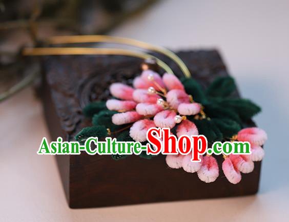 Chinese Ancient Bride Pink Velvet Flowers Hairpin Traditional Hanfu Hair Stick Wedding Hair Accessories