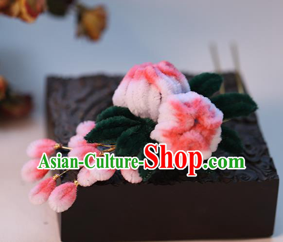 Chinese Ancient Bride Pink Velvet Flowers Hairpin Traditional Hanfu Hair Stick Wedding Hair Accessories