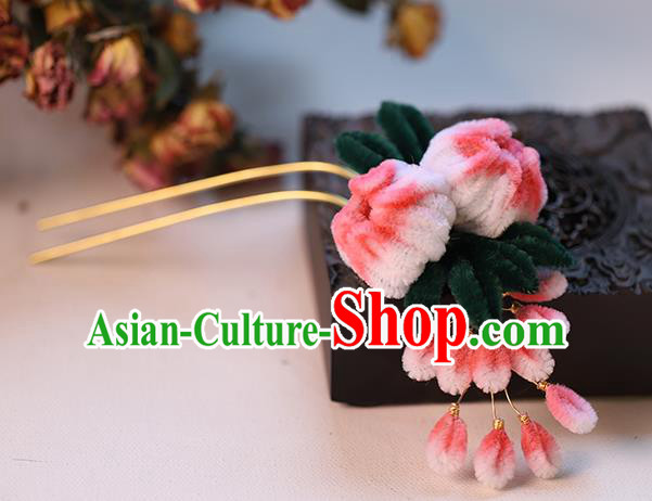 Chinese Traditional Hanfu Hair Stick Wedding Hair Accessories Ancient Bride Pink Velvet Chrysanthemum Hairpin