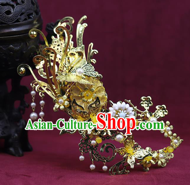 China Ancient Female Swordsman Golden Face Mask Traditional Drama Accessories