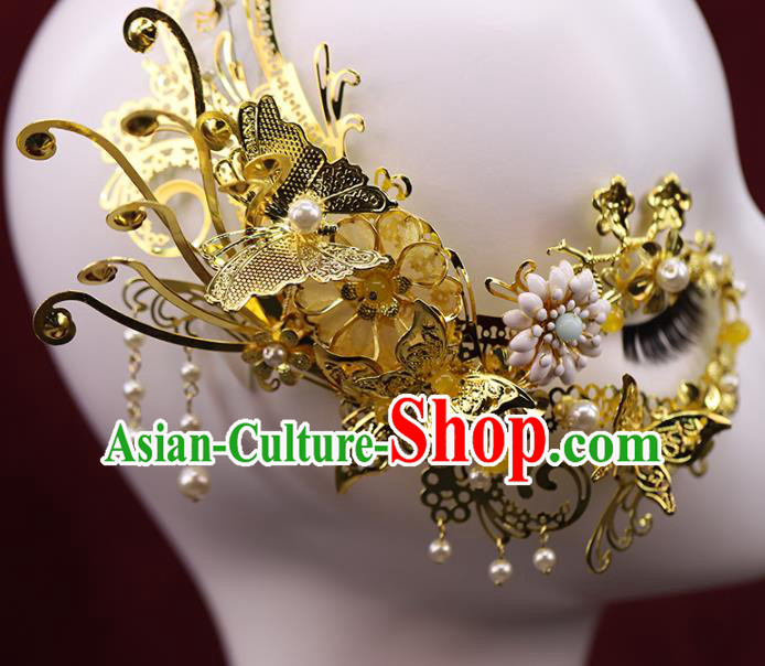 China Ancient Female Swordsman Golden Face Mask Traditional Drama Accessories