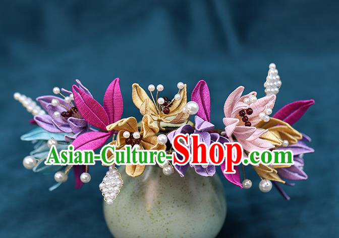Chinese Traditional Ancient Bride Silk Flowers Hairpin Wedding Hair Accessories Ming Dynasty Hanfu Hair Stick