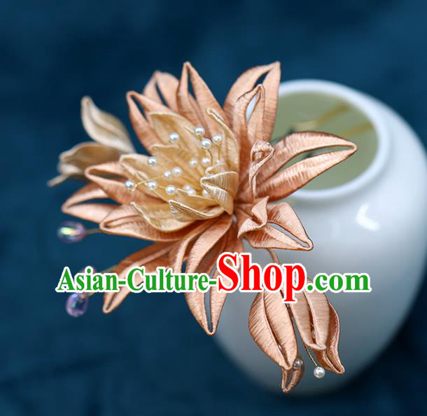 Chinese Traditional Ming Dynasty Hanfu Hair Stick Ancient Bride Orange Silk Flower Hairpin Wedding Hair Accessories