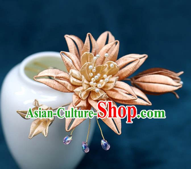 Chinese Traditional Ming Dynasty Hanfu Hair Stick Ancient Bride Orange Silk Flower Hairpin Wedding Hair Accessories