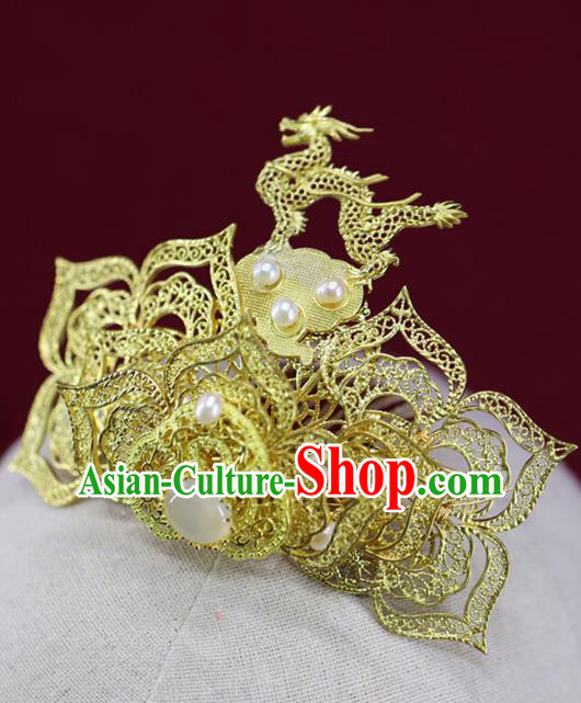 Chinese Traditional Ming Dynasty Golden Hair Crown Wedding Hair Accessories Ancient Bride Brass Hairpin