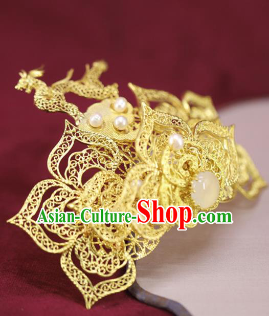 Chinese Traditional Ming Dynasty Golden Hair Crown Wedding Hair Accessories Ancient Bride Brass Hairpin