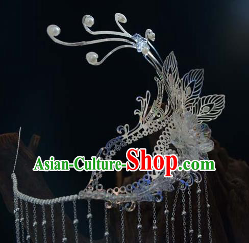 China Ancient Female Swordsman Argent Tassel Face Mask Traditional Drama Accessories
