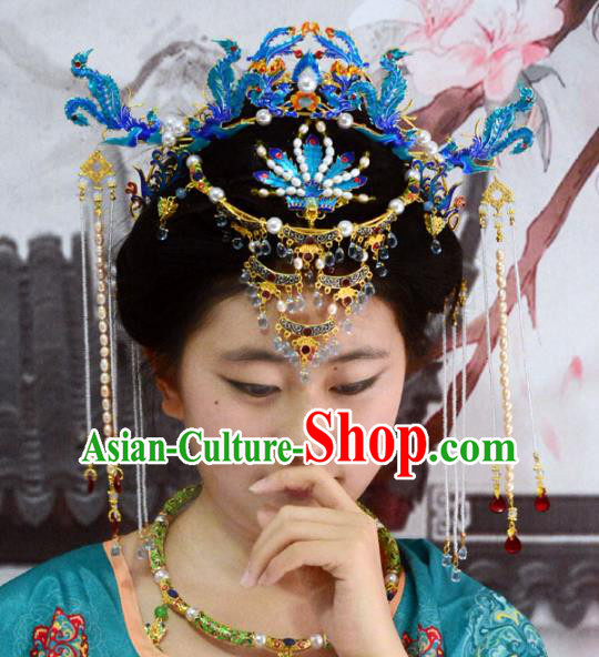 Traditional China Ancient Queen Blueing Phoenix Coronet Wedding Hair Ornament Handmade Hairpins Full Set