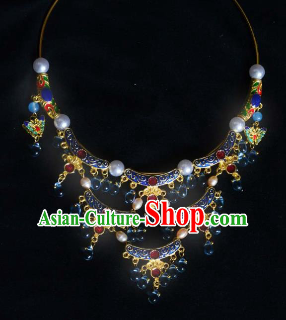 Handmade Chinese Ancient Empress Blue Necklace Jewelry Traditional Ming Dynasty Necklet Accessories