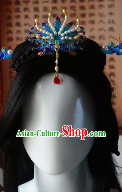 Chinese Traditional Blueing Phoenix Hair Crown Ancient Empress Pearls Hairpin Hanfu Hair Accessories