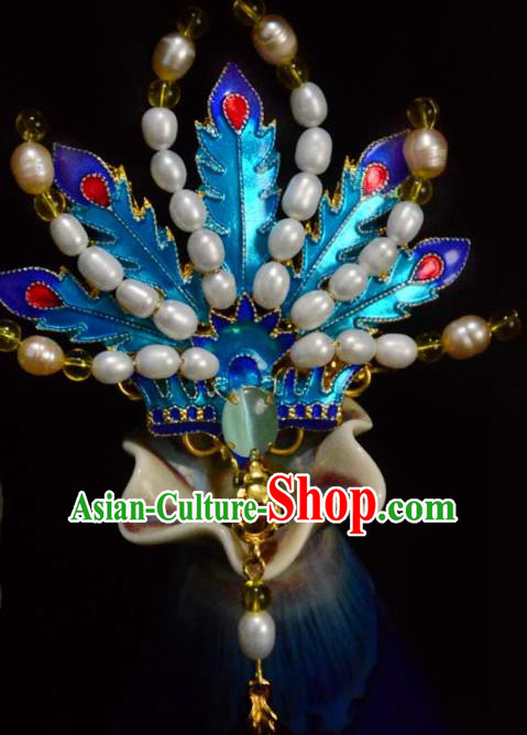 Chinese Traditional Blueing Phoenix Hair Crown Ancient Empress Pearls Hairpin Hanfu Hair Accessories