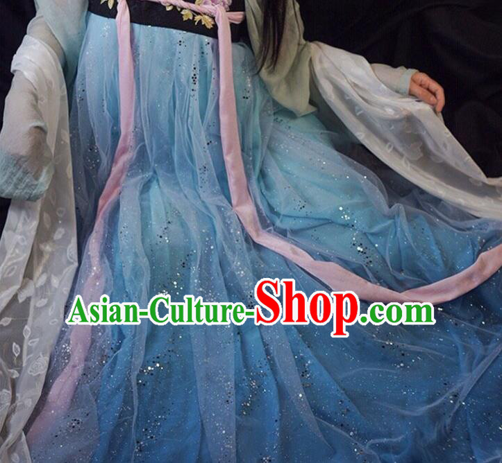 China Traditional Costumes Tang Dynasty Imperial Princess Historical Clothing Ancient Court Lady Blue Hanfu Dress