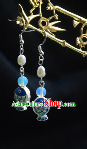 Handmade Chinese Ancient Princess Argent Earrings Jewelry Traditional Blueing Fish Ear Accessories