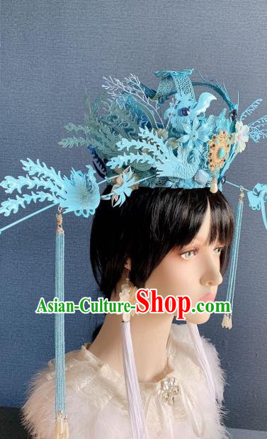 Handmade Chinese Traditional Wedding Hair Accessories Bride Blue Phoenix Coronet Stage Performance Luxury Headdress