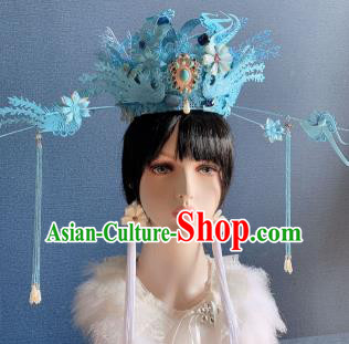 Handmade Chinese Traditional Wedding Hair Accessories Bride Blue Phoenix Coronet Stage Performance Luxury Headdress