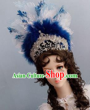 Top Handmade Blue Feather Royal Crown Hair Accessories Stage Show Hair Ornament Baroque Princess Hat