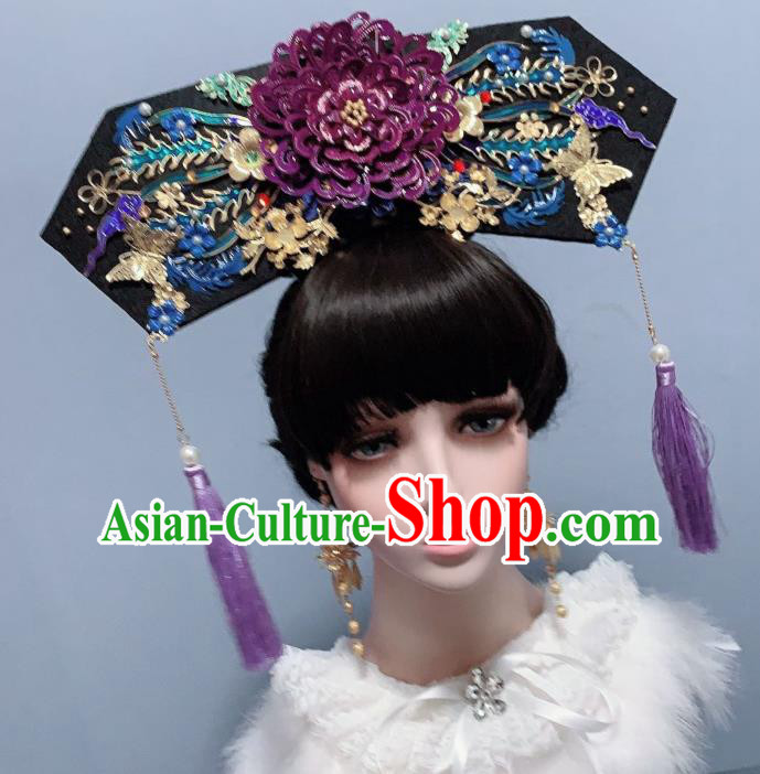 China Traditional Drama Ancient Imperial Consort Hair Accessories Qing Dynasty Court Cloisonne Purple Peony Phoenix Coronet