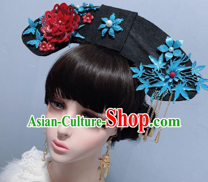 China Traditional Drama Headdress Qing Dynasty Court Lady Cloisonne Red Peony Phoenix Coronet Ancient Imperial Consort Hair Accessories