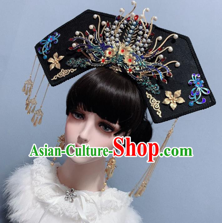 China Ancient Palace Lady Hair Accessories Traditional Drama Headdress Qing Dynasty Imperial Consort Cloisonne Phoenix Coronet