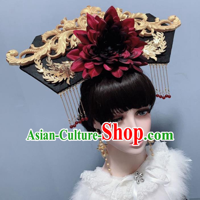China Ancient Palace Lady Hair Accessories Traditional Drama Red Peony Hat Qing Dynasty Imperial Consort Phoenix Coronet