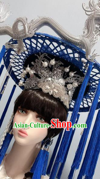 Handmade Chinese Argent Dragon Bamboo Hat Traditional Wedding Hair Accessories Stage Performance Royalblue Tassel Headwear