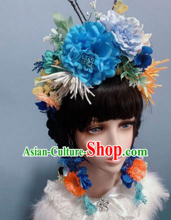 Top Wedding Princess Hair Accessories Chaplet Stage Show Headwear Handmade Blue Peony Royal Crown
